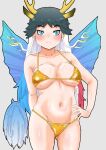  1girl absurdres bikini black_hair blue_eyes blush breasts closed_mouth embarrassed highres horns kemono_friends kemono_friends_3 kirin_(kemono_friends) kumasyan1998 large_breasts long_hair multicolored_hair navel red_hair simple_background solo stomach swimsuit white_hair wings yellow_bikini 