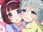  2girls :3 animal_ears blue_eyes blush bob_cut brown_hair commentary_request ear_covers ear_ornament green_shirt grey_hair hair_between_eyes hair_ornament hairband heart horse_ears horse_girl hug konomaru long_hair multiple_girls nishino_flower_(umamusume) parted_lips pink_hairband purple_eyes purple_shirt school_uniform seiun_sky_(umamusume) shirt short_hair short_sleeves side-by-side single_ear_cover tracen_school_uniform umamusume x_hair_ornament yuri 