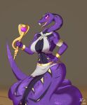  anacondrai animal_humanoid anthro arm_on_hip armwear big_breasts breasts clothing egyptian_clothing fangs female forked_tongue hi_res humanoid living_tail long_neck markings ninjago nitriumzigma purple_body purple_eyes pythor_(ninjago) reptile reptile_humanoid scalie scalie_humanoid serpentine_(ninjago) snake snake_eyes snake_humanoid snake_tail solo staff tail teeth tongue unusual_anatomy unusual_tail 