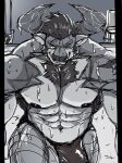  abs absurd_res anthro body_hair bovid bovine bulge cattle chest_hair clothing fu_ren_chi grin hi_res horn lifewonders live_a_hero looking_at_viewer male mammal muscular muscular_anthro muscular_male nipples obsidius one_eye_closed pecs sketch smile solo speedo swimwear wet wet_body wink 