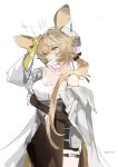  1girl absurdres animal_ears arknights bare_shoulders beret blonde_hair commentary_request cowboy_shot dorothy_(arknights) dress hat head_tilt highres ka_shou_yu_jiu long_hair off_shoulder simple_background solo standing strapless strapless_dress very_long_hair white_background white_headwear yellow_eyes 