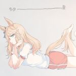  1girl :o animal_ears barefoot blonde_hair blue_eyes elbow_rest gold_city_(umamusume) grey_background head_rest horse_ears horse_girl horse_tail inutose legs_up long_hair looking_at_viewer lying on_stomach on_stool red_shorts shirt short_shorts short_sleeves shorts sideways_mouth solo tail tail_through_clothes the_pose twitter_username umamusume white_shirt 