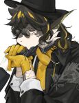  1boy arknights black_coat black_headwear black_shirt chenjuee chinese_commentary closed_eyes coat doctor_(arknights) dragon_boy furry furry_male gloves highres holding_hands kiss kissing_hand lee_(arknights) long_hair male_focus multicolored_hair pointy_ears round_eyewear scarf shirt white_background yellow_gloves yellow_scarf 