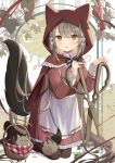  1girl absurdly_long_hair animal_ears animal_hood apron boots branch brown_footwear cape cosplay dress flower frilled_dress frills full_body goma_(u_p) highres holding holding_scissors hood hood_up hooded_cape kneeling leaf light_brown_hair little_red_riding_hood little_red_riding_hood_(grimm) little_red_riding_hood_(grimm)_(cosplay) long_hair long_sleeves looking_at_viewer original oversized_object picnic_basket red_cape red_dress scissors tail tears very_long_hair white_apron white_flower wolf_ears wolf_girl wolf_tail yellow_eyes 