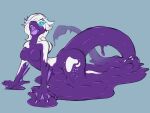  2023 4:3 all_fours anthro dragon female fin glowing glowing_eyes goo_creature goo_transformation hair horn nude open_mouth purple_body sepisnake simple_background solo spade_tail tail transformation white_hair 