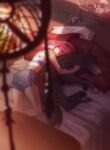  1girl anihelate artist_name bed blurry bra closed_eyes commentary commission depth_of_field dolphin_shorts dream_catcher english_commentary haruno_sakura highres lying naruto naruto_(series) on_side pillow pink_hair plaid plaid_bra plaid_shorts purple_bra purple_shorts shorts sleeping underwear wolf 