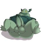  absurd_res amphibian anthro balls bottomless bottomless_anthro bottomless_male buff_frog clothed clothing disney erection frog genitals glans green_clothing green_shirt green_topwear hi_res humanoid_genitalia humanoid_penis male ofstrial overweight overweight_anthro overweight_male penis shirt simple_background solo star_vs._the_forces_of_evil topwear white_background 