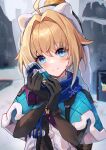  1girl absurdres ahoge animal_hood black_gloves blonde_hair blue_eyes blue_scarf blush closed_mouth day gloves highres holding honkai:_star_rail honkai_(series) hood looking_at_viewer lynx_landau scarf shiroi_ou short_hair smile snow solo upper_body 