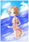  1girl ass bikini blue_eyes blush braid breasts french_braid girls_und_panzer highres looking_at_viewer looking_back mal_(malmlamal) ocean open_mouth orange_hair orange_pekoe_(girls_und_panzer) outdoors pink_bikini sky small_breasts smile solo swimsuit 