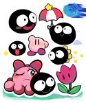  1girl blue_fire blush_stickers chuchu_(kirby) colored_skin fire flower gooey_(kirby) grass hakaba_(ksni_tbn) highres holding holding_umbrella kirby kirby&#039;s_dream_land_3 kirby_(series) no_humans one_eye_closed pink_skin smile star_(symbol) tongue tongue_out tulip_(kirby) umbrella 
