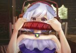  1girl animal_ears bear_trap choker commentary_request crying dog_ears grey_hair mitsugashira_enoko ochinmilk purple_shirt red_eyes saw_(movie) shirt sitting solo strapless strapless_shirt struggling touhou trapped upper_body wooden_chair 