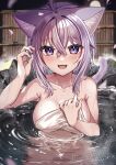  1girl ahoge animal_ear_fluff animal_ears bamboo_fence bathing blush breasts bush cat_ears cat_girl cat_tail collarbone crossed_bangs fangs fence hair_between_eyes highres holding holding_towel hololive komiojisan large_breasts looking_at_viewer naked_towel nekomata_okayu night onsen open_mouth outdoors partially_submerged purple_eyes purple_hair rock smile solo tail towel virtual_youtuber wet 