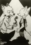  2023 absurd_res alternate_universe anthro arctic_fox canid canine clothed clothing collar disney fox fully_clothed fur group hi_res holding_object inktober inktober_2023 mammal nick_wilde red_fox sharp_teeth shock_collar silhouette skye_(zootopia) teeth theblueberrycarrots traditional_media_(artwork) zistopia zootopia 