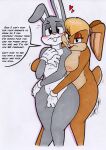  absurd_res anthro big_breasts breast_fondling breast_play breasts buckteeth bugs_bunny clothing dialogue duo fondling fondling_penis fur gloves grey_body grey_fur gynomorph hand_on_breast handwear hi_res intersex lagomorph leporid lola_bunny looney_tunes mammal nipples rabbit rotten_owl simple_background teeth traditional_media_(artwork) warner_brothers white_background 