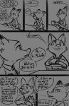  2022 anthro canid canine chair clothing comic dialogue disney fan_character female fox furniture group hi_res male mammal michelle_densmore monochrome mrs._wilde offscreen_character red_fox simple_background sound_effects speech_bubble table tangerine_(artist) uniform zootopia 