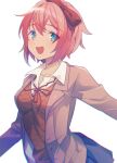  1girl blazer blue_eyes blue_skirt breasts brown_jacket collarbone collared_shirt doki_doki_literature_club highres jacket koguma_poistar medium_breasts open_mouth red_hair red_ribbon ribbon sayori_(doki_doki_literature_club) school_uniform shirt short_hair skirt smile upper_body 