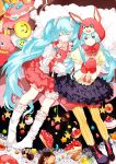  2girls animal_hands aqua_eyes artist_request bandaid bandaid_on_knee bandaid_on_leg blue_eyes blue_hair bow cake cake_slice closed_eyes commentary_request cupcake doughnut dual_persona english_text food fork fruit gloves hatsune_miku heart long_hair lots_of_laugh_(vocaloid) multiple_girls multiple_persona no_shoes non-web_source pancake pancake_stack paw_gloves plate scrunchie shoes skirt sleeping socks source_request star_(symbol) strawberry strawberry_shortcake striped sweets thighhighs twintails vertical_stripes very_long_hair vocaloid 