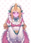  1girl absurdres apron artist_name blonde_hair blush cafe_cuties_soraka closed_mouth colored_skin cowboy_shot dress drill_hair hair_between_eyes highres horns league_of_legends long_hair long_sleeves looking_at_viewer maid_apron official_alternate_costume official_alternate_hairstyle pointy_ears purple_eyes purple_skin single_horn solo soraka_(league_of_legends) twin_drills weibo_miyi 
