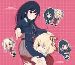  2girls ;) black_hair blonde_hair chibi embarrassed highres holding_legs inoue_takina laughing long_hair looking_at_viewer lycoris_recoil lycoris_uniform multiple_girls nishikigi_chisato one_eye_closed purple_eyes sad shirokuma_(reirako-reirako) smile 