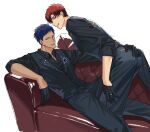  2boys aomine_daiki black_gloves black_suit blue_eyes blue_hair closed_mouth couch feet_out_of_frame formal gloves highres kagami_taiga kuroko_no_basuke looking_at_viewer male_focus mirin_(coene65) multiple_boys parted_lips red_eyes red_hair simple_background smile suit sweater_vest tan teeth torso_grab white_background yaoi 