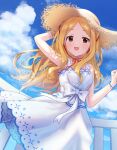  1girl armpits bare_shoulders blonde_hair blush bow bracelet cloud cloudy_sky collarbone day dress dress_bow fence hat holding holding_clothes holding_hat idolmaster idolmaster_cinderella_girls idolmaster_cinderella_girls_starlight_stage jewelry long_hair looking_at_viewer lunalight-dg mochizuki_hijiri open_mouth parted_bangs red_eyes sky smile solo straw_hat white_dress 