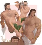  2boys abs absurdres armlet baldur&#039;s_gate baldur&#039;s_gate_3 bara bare_pectorals bird brown_hair character_request chest_hair chick collage covering_crotch covering_privates dark-skinned_male dark_skin duck dungeons_and_dragons elf halsin highres large_pectorals lixiao6342 looking_at_viewer male_focus mature_male medium_hair multiple_boys muscular muscular_male navel nipples nude_cover pectorals pointy_ears sideways_glance smile stomach thick_eyebrows 