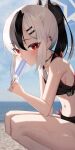 1girl absurdres alternate_costume backlighting beach bikini black_bikini black_choker black_hair blue_archive blue_sky blurry breasts choker collarbone commentary_request depth_of_field earrings eating food food_in_mouth from_side gimseol hair_between_eyes halo highres holding holding_food holding_popsicle horizon jewelry kayoko_(blue_archive) leaning_forward long_hair looking_at_viewer looking_to_the_side multicolored_hair navel ocean outdoors ponytail popsicle popsicle_in_mouth red_eyes sideboob sidelocks sky sleeveless solo squatting stomach sweat swimsuit two-tone_hair white_hair 