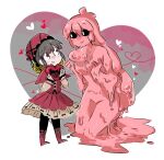  2girls black_pantyhose black_sclera blush boots brown_hair capelet closed_mouth colored_sclera dress flower heart laetitia_(lobotomy_corporation) lobotomy_corporation long_hair melting_love monster_girl multiple_girls pantyhose pink_capelet pink_dress pink_eyes pink_flower pink_hair pink_headwear project_moon slime_(substance) slime_girl very_long_hair wakame_031412 white_eyes 