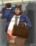  2023 absurd_res anthro balls belly big_belly black_nose bravo briefcase brown_body canid canine clothing erection eyewear genitals glasses group hi_res male mammal mature_male moobs necktie one_eye_closed overweight overweight_male penis raccoon_dog shirt solo_focus tanuki topwear 