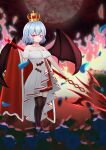  1girl absurdres alternate_costume bat_wings black_thighhighs blue_hair commentary_request crown dress full_body full_moon highres holding holding_weapon light_blue_hair linuslinus920423 looking_at_viewer moon outdoors pointy_ears red_eyes remilia_scarlet short_hair solo spear_the_gungnir standing strapless strapless_dress thighhighs touhou weapon white_dress wings 