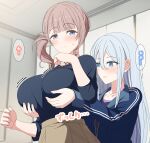  2girls arimon_(dfrgty12) black_shirt blue_eyes blue_jacket blunt_bangs blurry blurry_background blush breasts brown_hair brown_skirt ceiling closed_mouth collarbone commentary_request grabbing grabbing_another&#039;s_breast grabbing_from_behind grey_hair hair_between_eyes hands_up high-waist_skirt highres indoors jacket large_breasts long_hair long_sleeves looking_at_another looking_at_viewer low_ponytail mochizuki_honami motion_lines multiple_girls parted_lips partially_unzipped project_sekai shirt side_ponytail sidelocks skirt sleeves_past_elbows speech_bubble standing sweatdrop track_jacket upper_body wavy_mouth yoisaki_kanade yuri zipper 