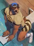  anthro backwards_baseball_cap backwards_hat baseball_cap bear big_butt bottomwear bradley_(dempsey) brown_body brown_fur brown_hair bubble_butt butt clothed clothing diving_board fully_clothed fur hair hair_over_eye hat headgear headwear hi_res high-angle_view male mammal muscular muscular_anthro muscular_male mystikfox61 one_eye_obstructed shirt short_tail shorts sitting solo swimming_pool t-shirt tail topwear water 