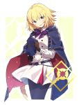  1girl alternate_costume artoria_caster_(fate) artoria_caster_(fate)_(cosplay) artoria_caster_(second_ascension)_(fate) artoria_pendragon_(fate) belt black_gloves blonde_hair blue_belt blue_cape blue_eyes blue_pantyhose blush bow bowtie braid braided_ponytail buttons cape collared_dress commentary_request cosplay dress fate/grand_order fate_(series) gloves hat hat_removed headwear_removed highres jeanne_d&#039;arc_(fate) kabutomushi_s long_hair long_sleeves looking_at_viewer pantyhose purple_bow purple_bowtie red_cape signature smile solo two-tone_cape very_long_hair white_dress 