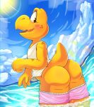  2023 4_fingers anthro beak black_eyes blush blush_lines butt clothed clothing cloud exposed fingers freckles glistening glistening_eyes hi_res koopa koopa_troopa leaning leaning_forward looking_back male mario_bros nintendo open_beak open_mouth partially_clothed partially_submerged pink_clothing pink_underwear scales scalie shirt sleeveless_shirt solo stellarslice sun tail tongue topwear underwear underwear_down water white_clothing white_shirt white_topwear yellow_body yellow_scales 