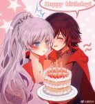  2girls :d :o ^_^ akane031 artist_name birthday birthday_cake blue_eyes blush cake candlelight cape chinese_commentary closed_eyes commentary english_text food fruit giving happy happy_birthday heart heart_background highres holding holding_plate jewelry long_hair multiple_girls open_mouth pendant plate ponytail red_cape red_hair ruby_rose rwby scar scar_across_eye short_hair smile speech_bubble star_(symbol) strawberry watermark weiss_schnee white_hair 