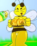  antennae_(anatomy) anthro arthropod bee big_breasts bodily_fluids breasts female genital_fluids genitals hi_res hymenopteran insect lena_the_bee nipples oil oiled oiled_body pussy pussy_juice russian_cooking_oil_commercial solo wings yellotheartist yellow_body 