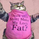  absurd_res ambiguous_gender asking_viewer catwheezie clothing domestic_cat english_text felid feline felis feral fur green_eyes grey_body grey_fur hi_res mammal shirt slightly_chubby solo text topwear whiskers 