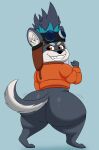  absurd_res anthro big_butt blue_body blue_fur bottomless brewster_(dislyte) bubble_butt butt canid canine canis clothed clothing colossalstars dislyte domestic_dog eyewear fur goggles hi_res looking_back male mammal nude orange_eyes simple_background solo tail teeth thick_thighs topwear 