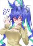 1girl @_@ absurdres aged_up ahoge alternate_costume animal_ears aqua_hair bespectacled blue_eyes blue_hair blush casual cleavage_cutout closed_mouth clothing_cutout crossed_bangs fang fang_out glasses hair_between_eyes hair_tie half-closed_eyes heterochromia highres homozerion horse_ears horse_girl jewelry long_hair long_sleeves looking_at_viewer multicolored_hair red-framed_eyewear red_eyes ring round_eyewear sidelocks sleeves_past_wrists smile solo sweater turtleneck turtleneck_sweater twin_turbo_(umamusume) twintails two-tone_hair umamusume upper_body waving wedding_ring white_sweater 