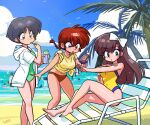  artist_name barefoot beach bikini bikini_bottom_only black_hair blue_eyes blue_sky bow braid braided_ponytail breasts brown_eyes brown_hair casual_one-piece_swimsuit chair cloud day feet_out_of_frame food green_eyes green_one-piece_swimsuit hair_bow hood hooded_jacket jacket kuonji_ukyou long_hair lotion lounge_chair medium_breasts one-piece_swimsuit outdoors palm_tree ranma-chan ranma_1/2 red_bikini red_hair shaved_ice short_hair sky sunscreen swimsuit tendou_akane tree wanta_(futoshi) white_jacket yellow_one-piece_swimsuit 