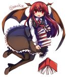  1girl bat_wings black_footwear black_pantyhose black_skirt black_vest book collared_shirt commentary full_body head_wings high_heels highres holding holding_book koakuma long_hair long_sleeves looking_at_viewer multiple_wings necktie one-hour_drawing_challenge open_mouth pantyhose red_eyes red_hair red_necktie renshirenji shirt simple_background skirt solo touhou twitter_username vest white_background white_shirt wings 