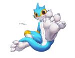  anthro blue_body claws digital_media_(artwork) dragon fan_character feet fishy_fizz foot_focus hi_res hindpaw looking_at_viewer male marine nude paws simple_background sitting smile soles solo spread_legs spreading tail white_background yellow_eyes 