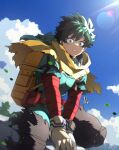  129akopricot 1boy absurdres backpack bag belt belt_pouch between_legs blue_sky blurry bodysuit boku_no_hero_academia cape cel_shading chromatic_aberration cloud commentary day depth_of_field eyebrows_hidden_by_hair falling_leaves feet_out_of_frame floating_cape floating_clothes floating_hair freckles gloves green_bodysuit green_eyes green_hair hair_between_eyes hand_between_legs highres leaf lens_flare light light_rays looking_at_viewer looking_to_the_side male_focus midoriya_izuku official_alternate_costume outdoors parted_lips pouch red_belt shadow short_hair sidelighting signature sitting sitting_on_wall sky solo spoilers sunlight symbol-only_commentary torn_cape torn_clothes torn_sleeves turning_head utility_belt v_arms white_gloves wind yellow_bag yellow_cape 