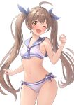  1girl absurdres ahoge b1ack_illust bare_shoulders bikini blue_neckerchief blue_ribbon blue_sailor_collar blush breasts brown_eyes brown_hair collarbone cowboy_shot dot_nose hair_ribbon hakozaki_serika hand_up highres idolmaster idolmaster_million_live! idolmaster_million_live!_theater_days long_hair looking_at_viewer navel neckerchief one_eye_closed open_mouth outstretched_arm ribbon sailor_collar sailor_swimsuit_(idolmaster) simple_background small_breasts smile solo swimsuit twintails very_long_hair white_background white_bikini 