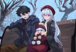  artist_request baby bench black_hair blue_eyes closed_eyes coat fate/grand_order fate_(series) father_and_child fujimaru_ritsuka_(male) gloves hat highres if_they_mated kama_(fate) long_hair mother_and_child pacifier red_eyes tagme white_hair winter winter_clothes winter_coat 