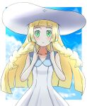  1girl blonde_hair blunt_bangs blush braid closed_mouth cloud cloudy_sky dress emapippi eyelashes green_eyes hands_on_own_face hat highres light_frown lillie_(pokemon) long_hair looking_at_viewer loose_hair_strand pokemon pokemon_(game) pokemon_sm sky sleeveless sleeveless_dress sun_hat twin_braids white_dress white_headwear 
