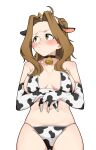  1girl ahoge animal_ears animal_print arms_under_breasts bare_shoulders bell bikini black_choker blush breasts breasts_apart brown_hair choker closed_mouth collarbone cow_ears cow_print cow_print_bikini cowbell cowboy_shot elbow_gloves fake_animal_ears gloves green_eyes hairband hands_up hashiba_(hashiba_ss) highres idolmaster idolmaster_million_live! idolmaster_million_live!_theater_days large_breasts long_hair micro_bikini navel neck_bell nikaidou_chizuru ponytail print_bikini print_gloves shy simple_background solo standing string_bikini swimsuit white_background 