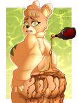  animal_crossing anthro bear big_breasts bottomless bow_on_head breasts brown_body brown_fur clothed clothing disembodied_hand eyelashes female food_on_butt fur green_background green_eyes hand_on_hip head_tuft hi_res huge_breasts looking_at_viewer looking_back looking_back_at_viewer mammal maple_(animal_crossing) nintendo open_mouth raccoon_sama rear_view rosy_cheeks simple_background solo syrup syrup_on_body tan_body tan_bow tan_clothing tan_fur tan_sweater tan_topwear thick_thighs topwear tuft white_background wide_hips 