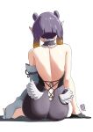  1girl ass automatic_giraffe back commentary english_commentary full_body gloves highres hololive hololive_english ninomae_ina&#039;nis pointy_ears purple_hair short_hair simple_background sitting solo watermark white_background 