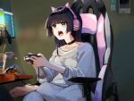  1girl animal_ear_headphones animal_ears barefoot black_hair bocchi_the_rock! cat_ear_headphones chair chin_piercing chips_(food) choker chopsticks collarbone commentary_request controller crossed_legs fake_animal_ears food funi_mu9 game_controller gaming_chair green_eyes headphones highres holding holding_controller holding_game_controller indoors instant_ramen long_hair looking_to_the_side microphone monitor open_mouth pa-san pale_skin pants pink_headphones pop_filter potato_chips shirt sitting solo swivel_chair table teeth upper_teeth_only white_pants white_shirt wooden_table 